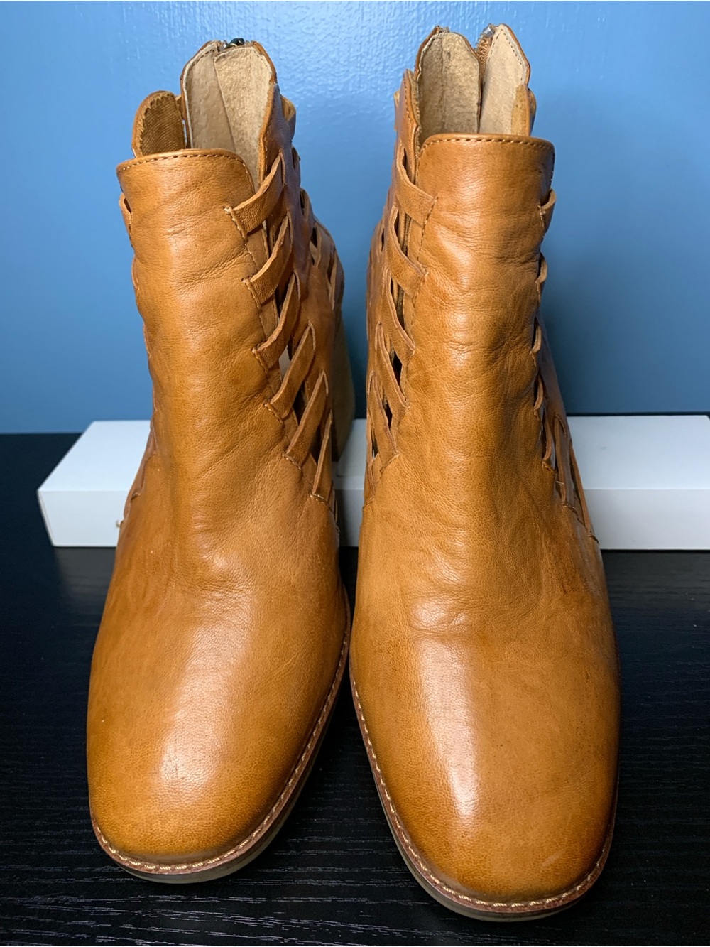 Kelsi Dagger Tan Leather Cutout Ankle Boots